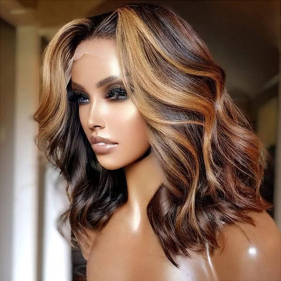 180 densité Bob Short Bob Sight Wig Hair Human Human Permed Laceal Wig Frontal Heuv Hair Wigs for Women Hightligh Body Wave Wig