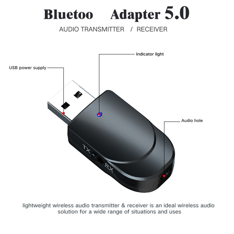 Bluetooth -zenders 5.0 Audio -ontvanger 3 op 1 Mini 3,5 mm Jack Aux USB Stereo draadloze adapter voor tv -auto