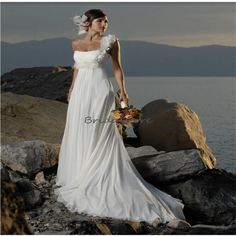 Abito da sposa sexy a una spalla da spiaggia con fiori eleganti chiffon bianchi boho country abito da sposa civile corsetto semplice incinta Vestidos de novi hippie abiti mariee