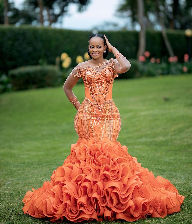 2023 August Aso Ebi Orange Mermaid Prom Dress Beaded Crystals Evening Formal Party Second Reception Birthday Engagement Gowns Dresses Robe De Soiree ZJ095