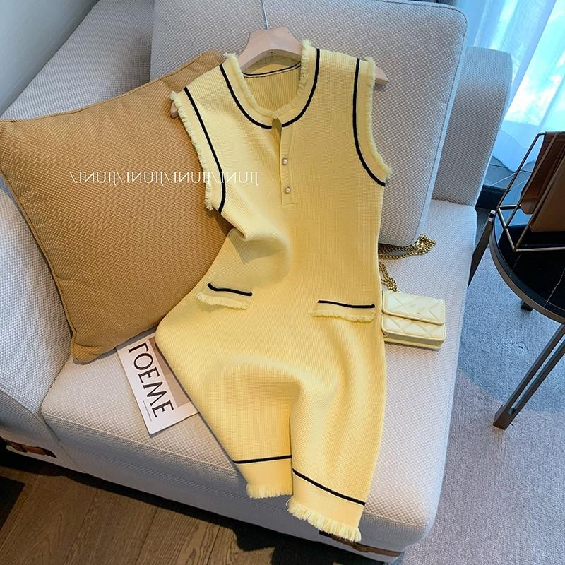 新しいファッション女性の夏の黄色の黄色の編み袖のスリムウエストドレスSML