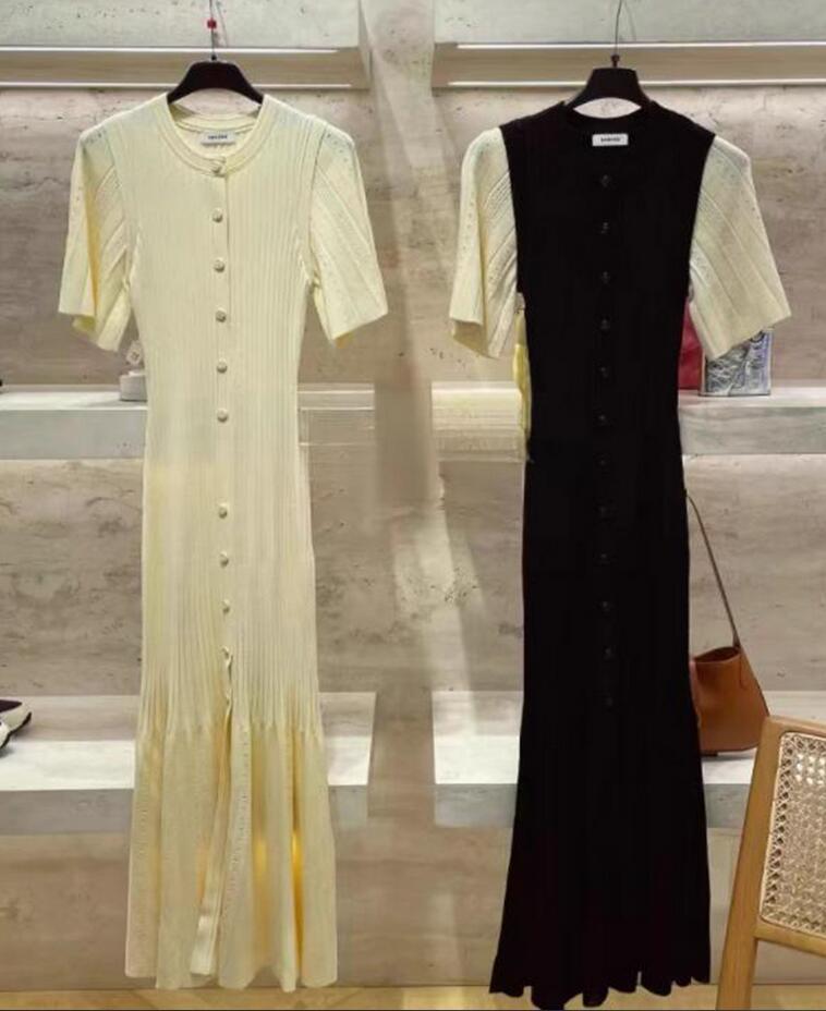 Início do outono novo sandro elegante fino ajuste agulha vestido de malha com decote em v plissado borda fino ajuste vestido longo de malha