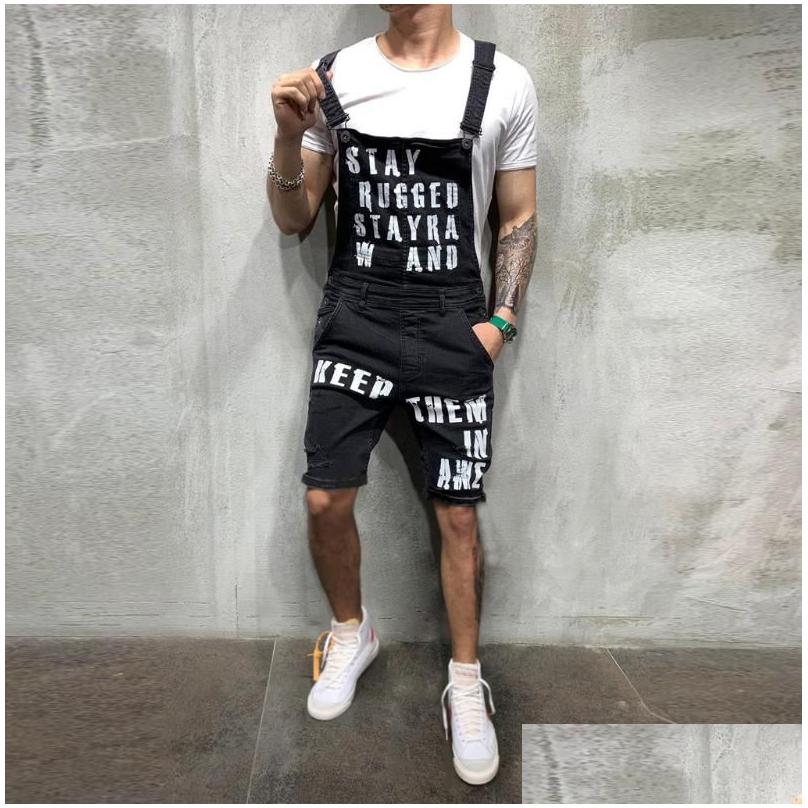 Mäns shorts Mens Jeans Letter Suspender Pants For Men Mens Ripped Short Jumpsuits dog Denim Overalls Knäslängd Cowboy Drop Delivery Apparel C Dhdel