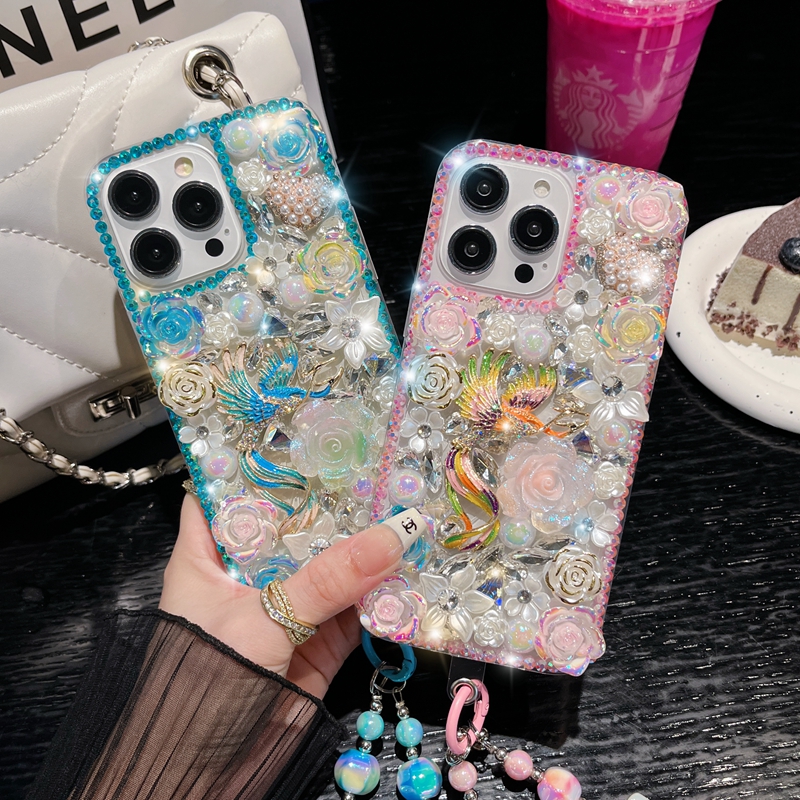 Luxury 3D Phoenix Peony Flower Diamond Case iPhone 15 Pro Max 14 Plus 13 12 11 xr xs 8 7 Fashion Shinny Rhinestone Pearl Hard PC acrilico TPU Copertina carina