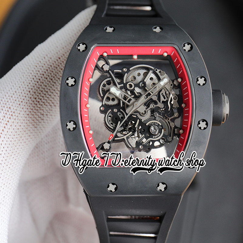 RMF 055 Reloj para hombre RMUL2 Mecánico Cuerda manual Caja de cerámica negra Tornillos de arena gris Esfera esquelética Anillo interior rojo Correa de caucho negra Relojes de eternidad Super Edition