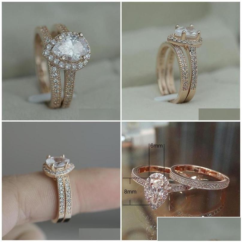 Anelli di banda Fashion Rose Gold Design CZ Women Engagement Ring Set Drop Delivery Gioieri DHDZS DH0XB