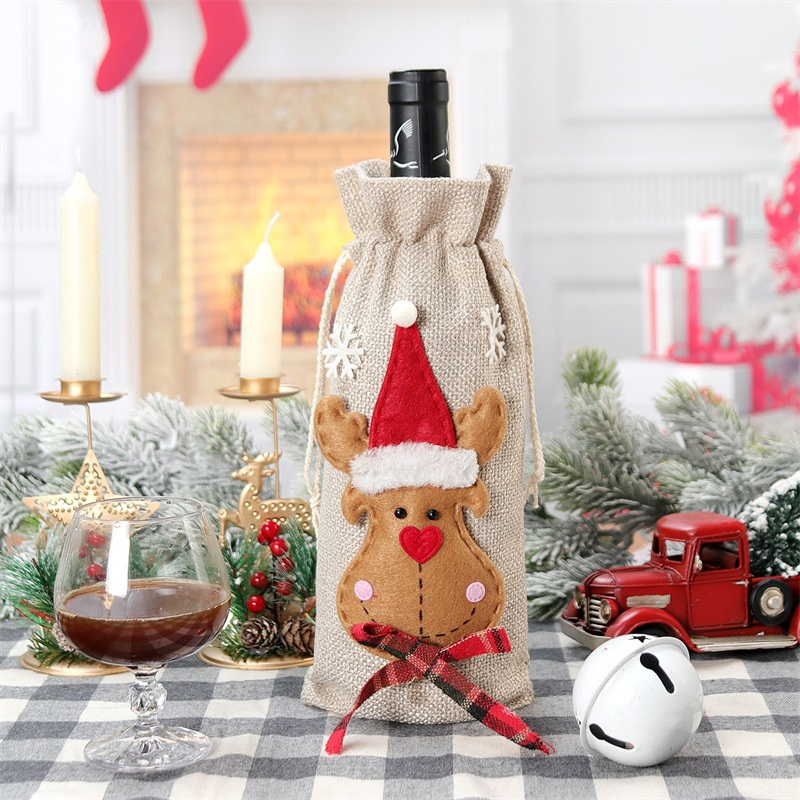 Noel Şarap Hediye Çantaları Çuval Örtüsü Drawstring Şarap Şişesi Torbaları Halat İle Hediye Tatil Partileri