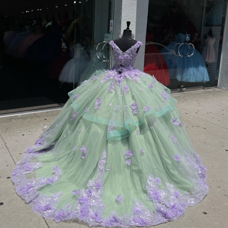 Green V-Neck Quinceanera Dresses Lace Appliques 3DFlower Sleeveless Beading Ball Gown Off Shoulder 15 years dress Sweet 16 Prom