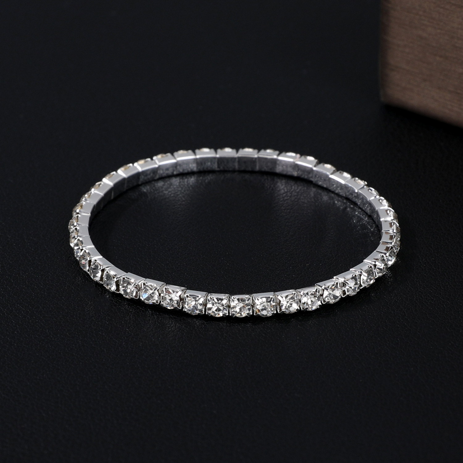 Simple rangée d'argent brillant simple diamant forage petit acajou fin large bracelet de bonbons extensible Bracelet en argent