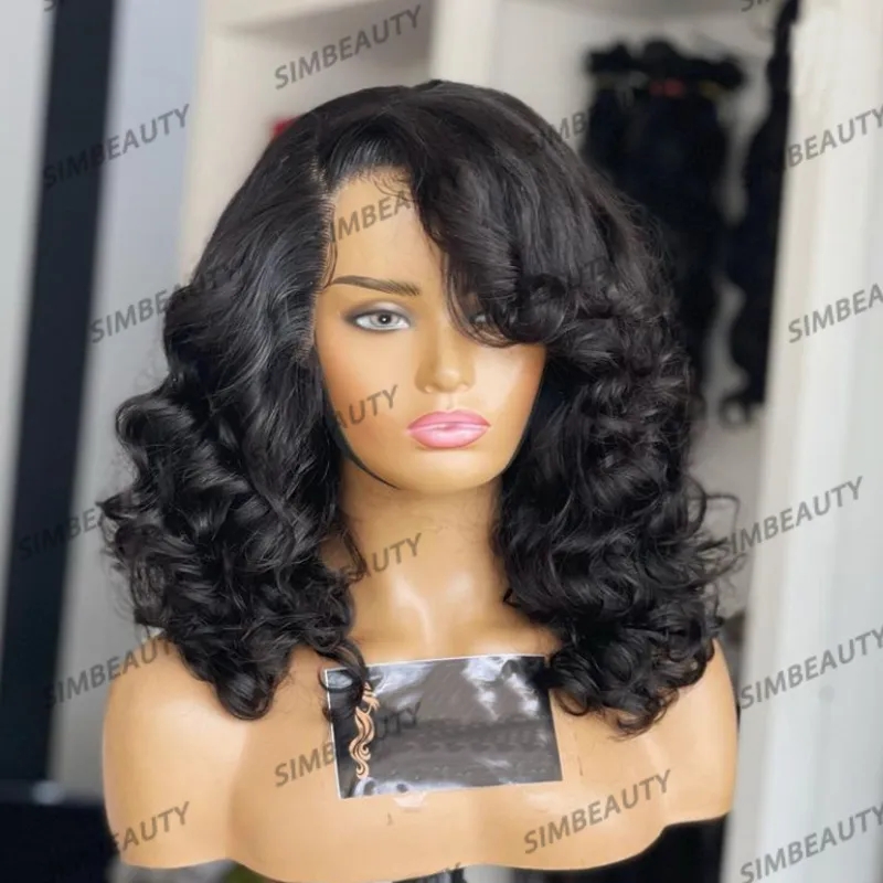 Loose Deep Wave Side Part Bangs Natural Black Human Hair 13x6 Deep Part Lace Front Wigs with Natural Hairline Glueless 360 Wigs