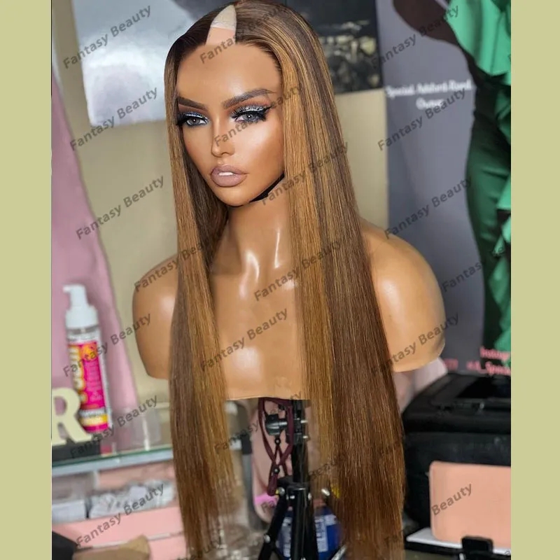 Highlight Blonde Long Silky Straight 100% Human Hair Wigs for Black Women Glueless 180Density 1x4 Middle V Part Wigs Easy Wear