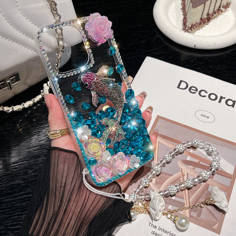 Luxury 3D Koi Bling Diamond Cases For Iphone 15 Pro Max 14 Plus 13 12 11 X XR XS 8 7 Carp Fish Flower Fashion Shinny Rhinestone Pearl Hard PC Acrylic TPU Cute Cover Strap