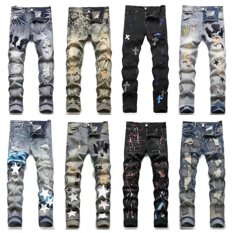 Mens Purple Jeans Designer Jeans Am Jeans Men 청바지 유행하고 고급스러운 편지 인쇄 거리 여행 휴가 찢어진 청바지 남자 의류 S3