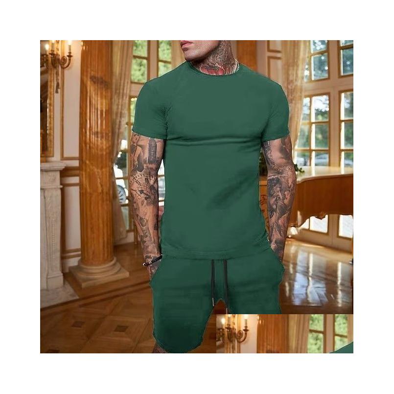 Survêtements pour hommes Hommes Vêtements pour hommes T-shirt Costumes Shorts et T-shirt Ensemble de couleur unie Col ras du cou Dstring 2 pièces Designer de vêtements Spor Dh3zc