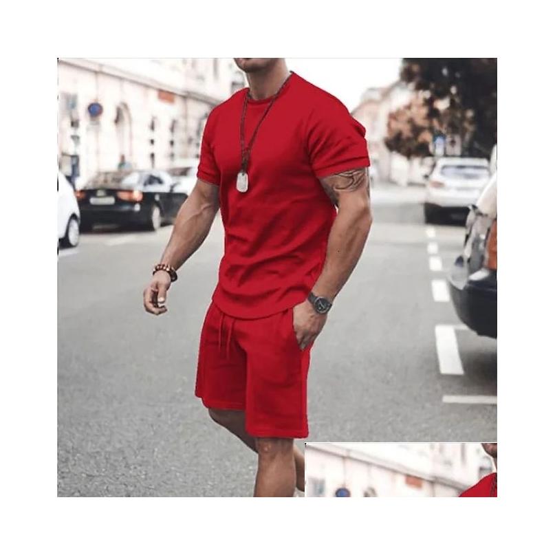 Survêtements pour hommes Hommes Vêtements pour hommes T-shirt Costumes Shorts et T-shirt Ensemble de couleur unie Col ras du cou Dstring 2 pièces Designer de vêtements Spor Dh3zc