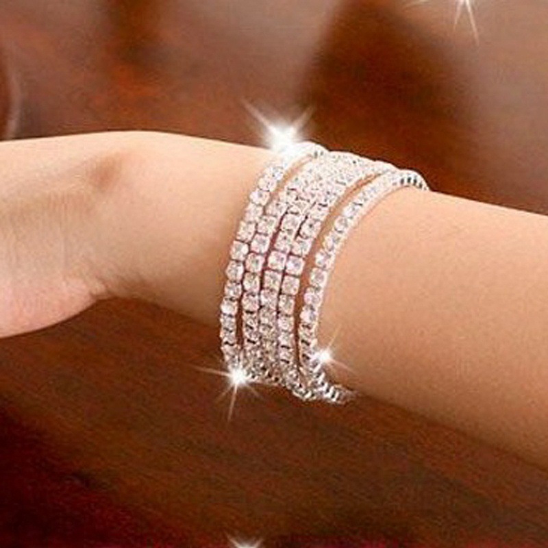 Single row of bright silver simple diamond drilling small fine mahogany wide stretch candy bracelet Silver Bracelet