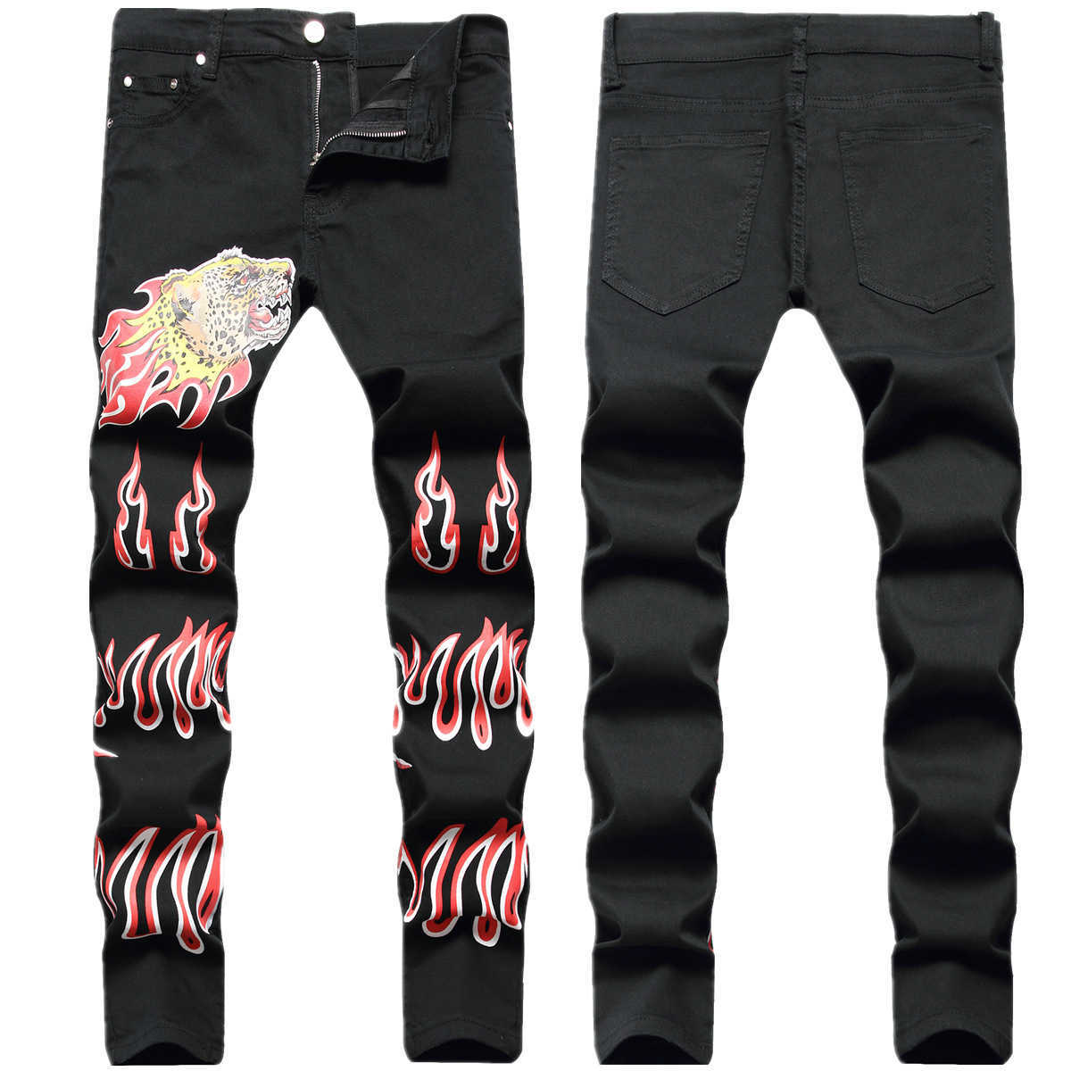 Mäns jeans Hip Hop West Coast Tidal Black Digital Print Leopard Head Elastic Slim Fit liten rak ärm för män