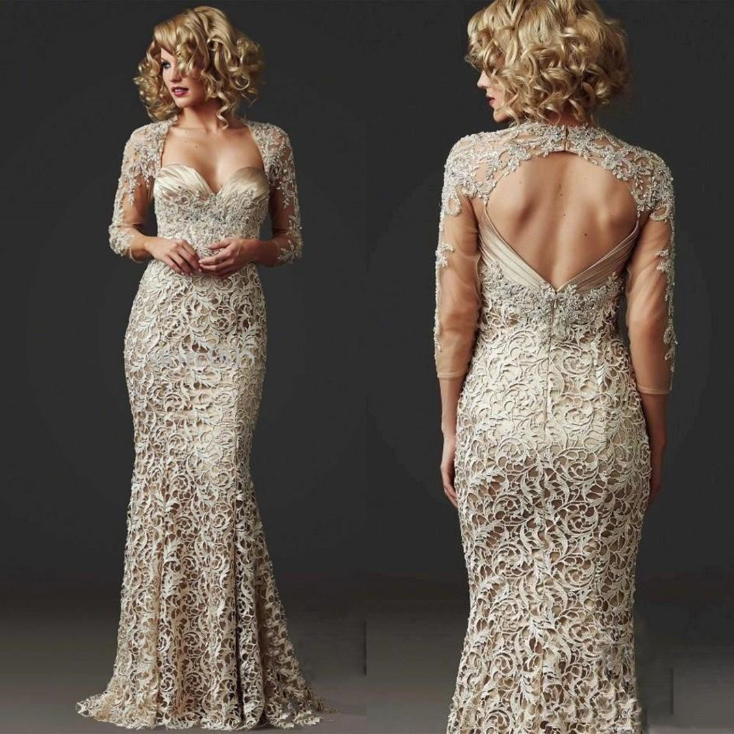 Champagne Lace Vestidos para la madre de la novia Chaqueta de manga larga con cuentas 2024 Tallas grandes por encargo Sirena Escote corazón Vestidos de fiesta de noche