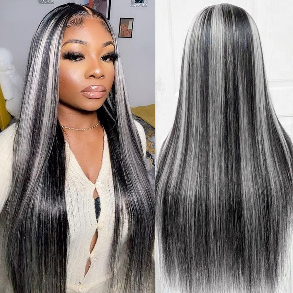 Grey Highlight Wig Transparent Lace Front Human Hair Wigs for Women Pre Plucked Remy Straight HD Lace Frontal Wig Invisible