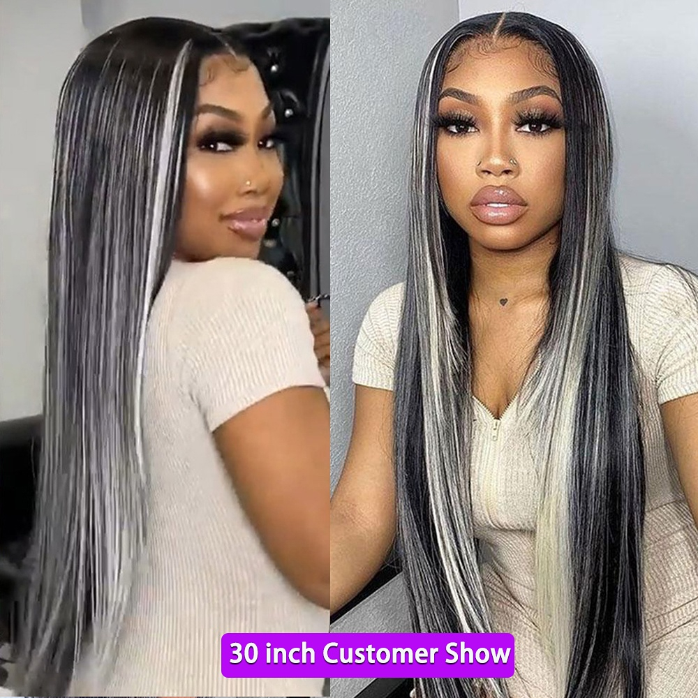 Grey Highlight Wig Transparent Lace Front Human Hair Wigs for Women Pre Plucked Remy Straight HD Lace Frontal Wig Invisible