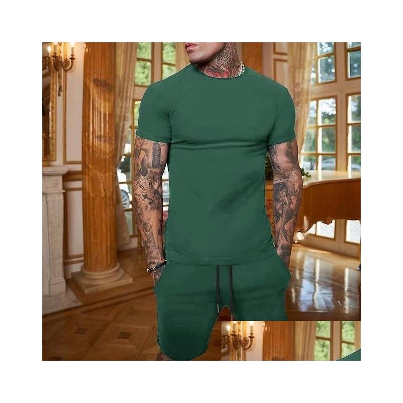 Survêtements pour hommes Hommes Vêtements pour hommes T-shirt Costumes Shorts et T-shirt Ensemble de couleur unie Col ras du cou Dstring 2 pièces Designer de vêtements Spor Dh3zc