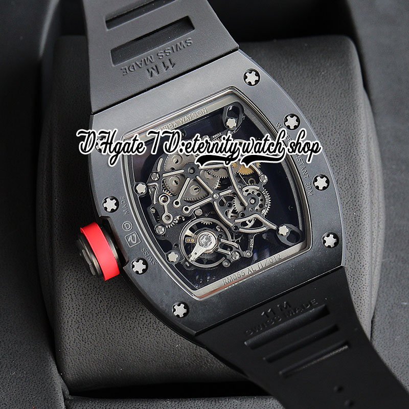 RMF 055 Reloj para hombre RMUL2 Mecánico Cuerda manual Caja de cerámica negra Tornillos de arena gris Esfera esquelética Anillo interior rojo Correa de caucho negra Relojes de eternidad Super Edition