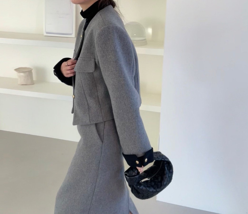 New fashion women's autumn winter woolen color block coat and midi long skirt twinset dress suit