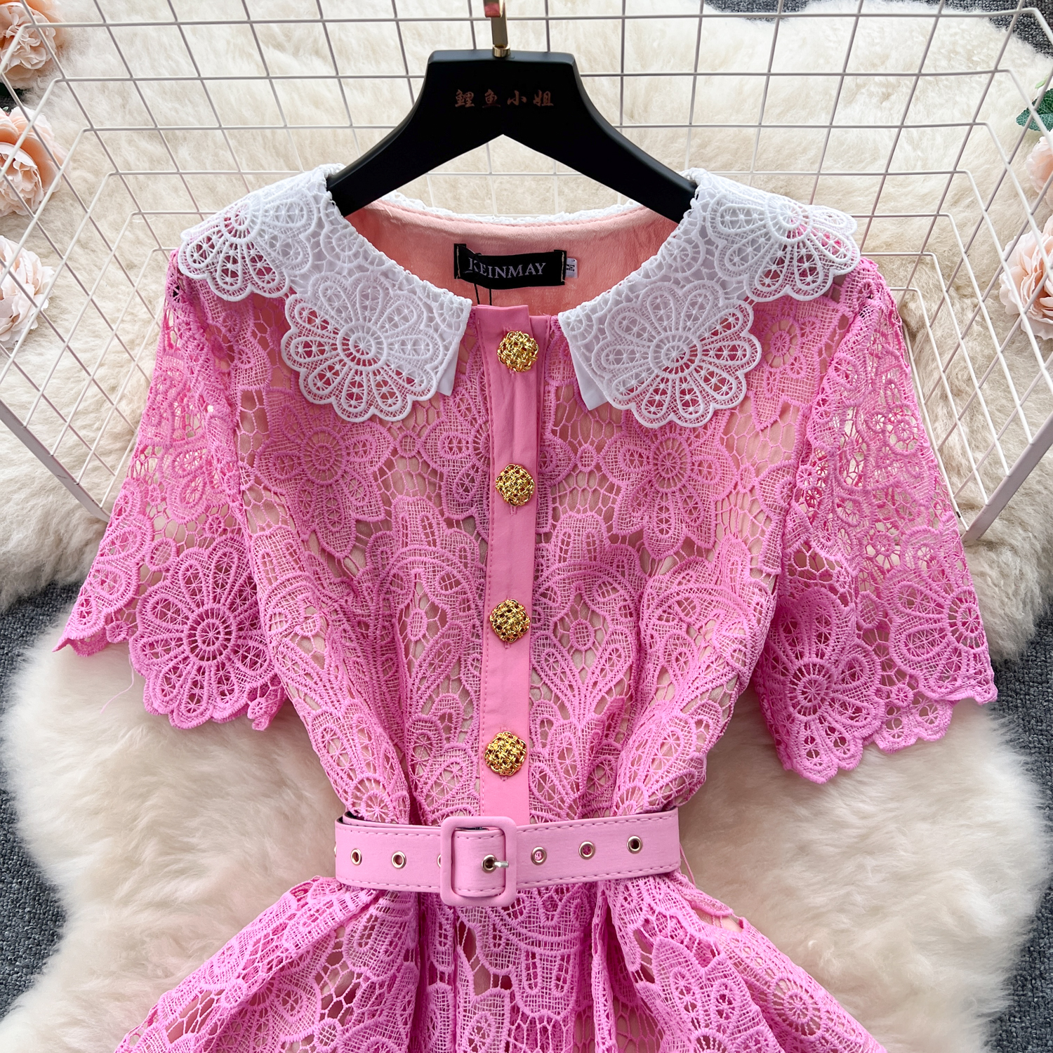 Spring Dress For Women 2023 French Fashion Doll Collar Short Sleeves Lace Crochet A-line Dress Women New Thin Party Clothes Elegan304Y