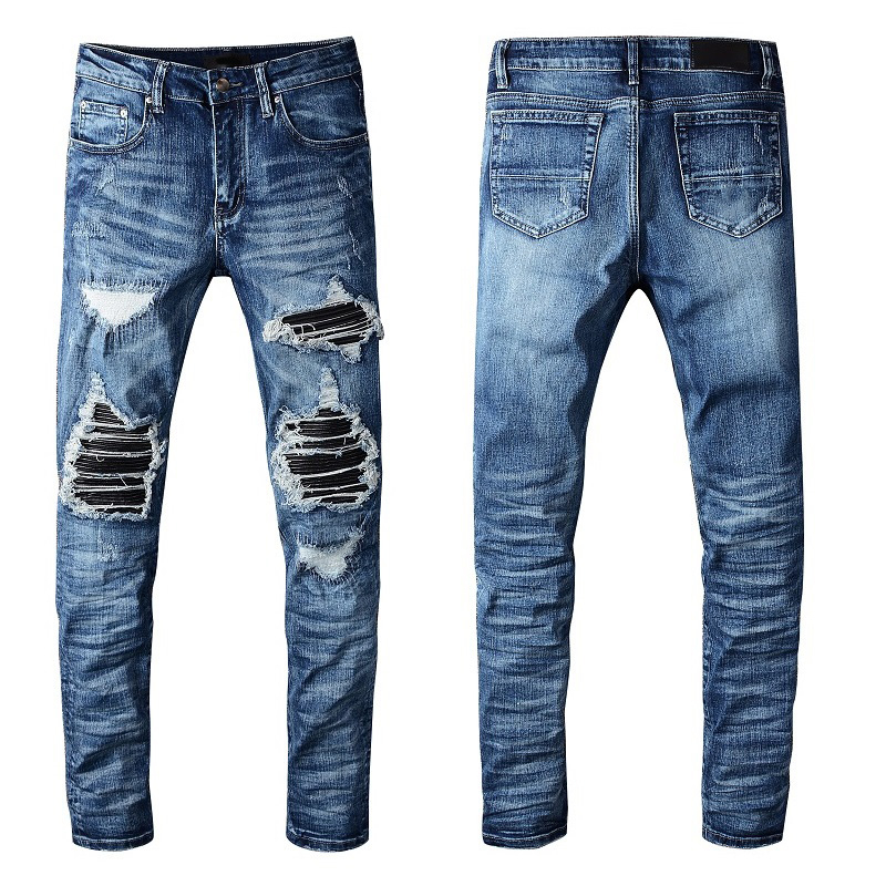 Ny ankomst Men's Blue Slim Fit Streewear Fashion Distressed Skinny Stretch Paited Printing Ribs Patchwork Ripped Jeans 28-40