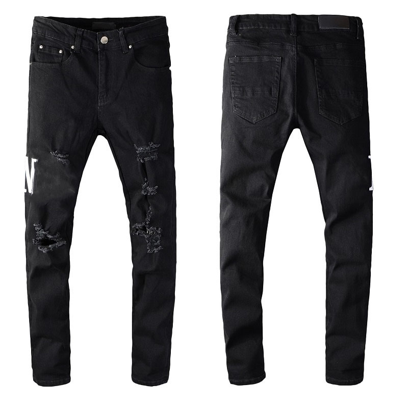 Ny ankomst Men's Blue Slim Fit Streewear Fashion Distressed Skinny Stretch Paited Printing Ribs Patchwork Ripped Jeans 28-40