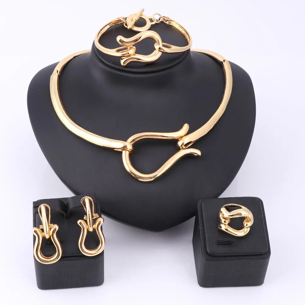 Vintage Retro Nigerian Elegant Gold Silver Plated Necklace Earrings Ring Bracelet Bridal Jewelry Sets For Women Wedding Party