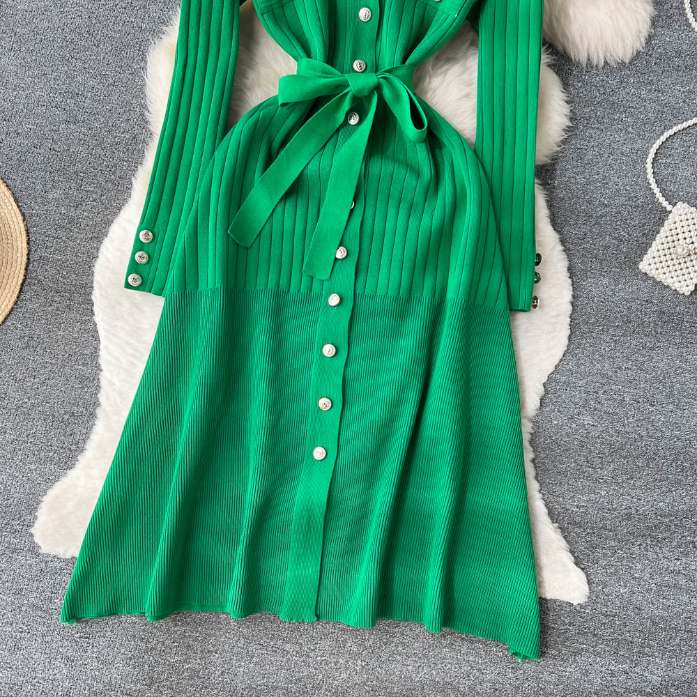 Basic Casual Dresses Elegant Golden Buttons Single Breasted Long Sleeve V Neck Knitted A Line Dress With Belt Autumn Winter Warm S311p