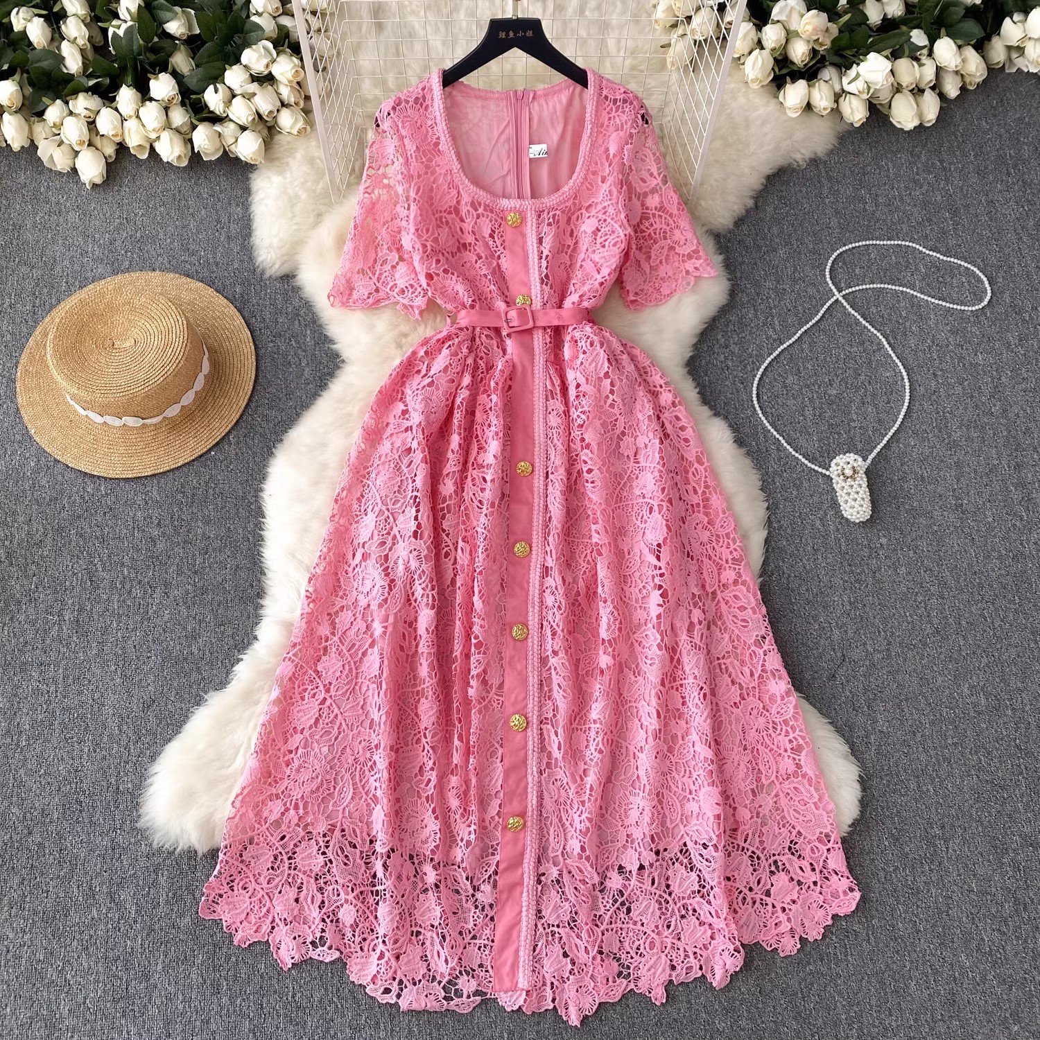 Basic Casual Dresses Summer Runway Blue Pink Black Water Soluble Lace Flower Embroidery Dress Women