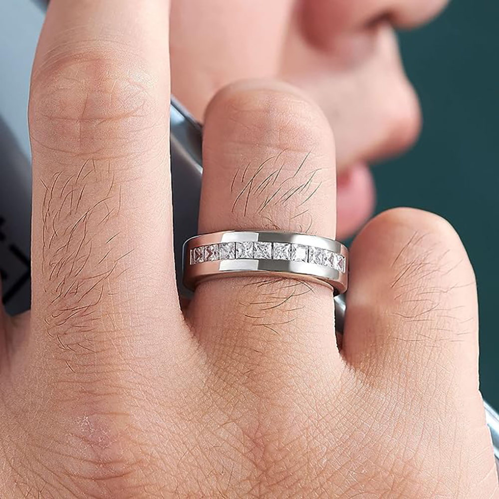 Mäns bröllopsringar Tostfritt stål Förlovningsring Prinsessan Rund Skär Vit AAAAA Cubic Zirconia Storlek 6-13