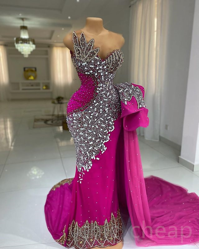 2023 sierpnia Aso Ebi Fuchsia Mermaid Sukienka PROM Kryształy Seksowne wieczór Formalne przyjęcie Drugie przyjęcie urodzinowe suknie zaręczynowe sukienki szat de soiree ZJ796