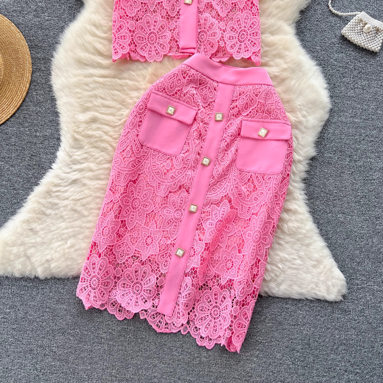 Elegant Women's Two Piece Dress Summer Sweet Small Fragrance Lace Embroidery Two Piece Set Women's Short Sleeve Hollow Out Shirt Top+Pockets Buttons Skirt Suits 2023