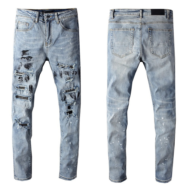 Ny ankomst Men's Blue Slim Fit Streewear Fashion Distressed Skinny Stretch Paited Printing Ribs Patchwork Ripped Jeans 28-40