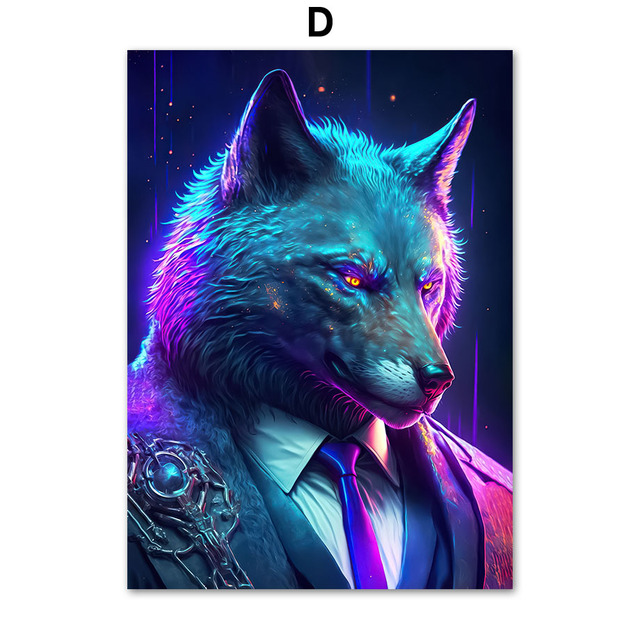 Картина Canvas Cyberpunk Cat Dog Lion Fox Neon Light Animal