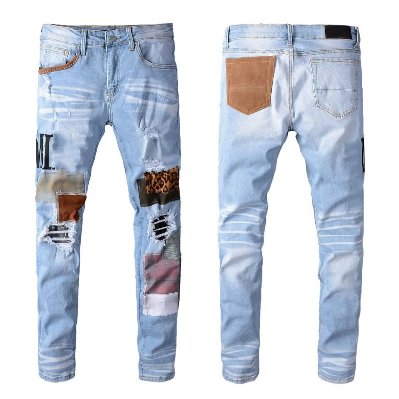 Ny ankomst Men's Blue Slim Fit Streewear Fashion Distressed Skinny Stretch Paited Printing Ribs Patchwork Ripped Jeans 28-40