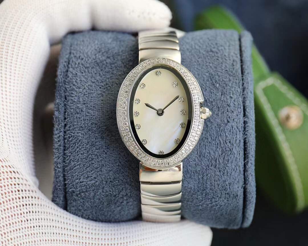 29mm 24mm Stainless Steel Oval Watch Roman Numerals Dial Women Baignoire Quartz Wristwatch Mother of Pearl Shell Bathtub Clock