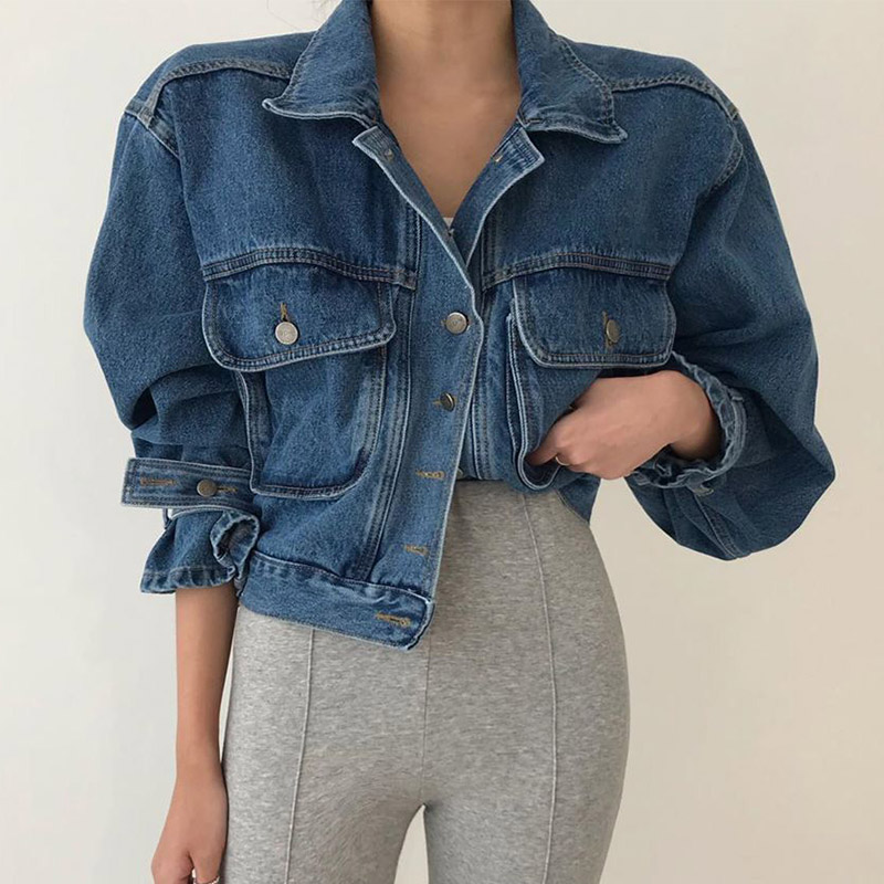 Nouvelle mode femmes automne col rabattu denim jeans bouffée à manches longues lâche veste manteau