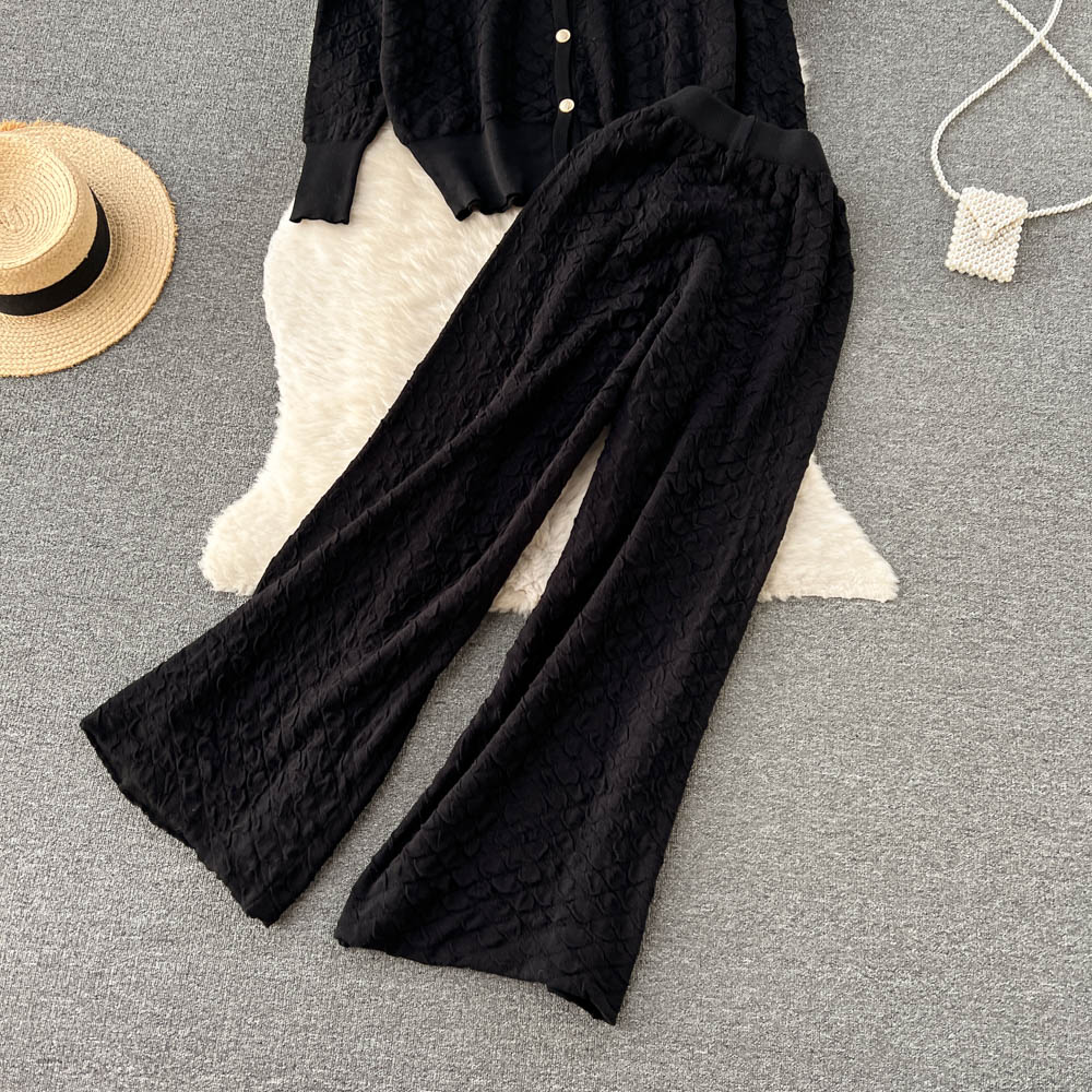 Women's Two Piece Pants Autumn Winter Autumn Winter Knitted Warm Suit Fashion Metal Single Breasted Cardigan Sweater Wide Leg Tracksuits Female Trouser Set 2023