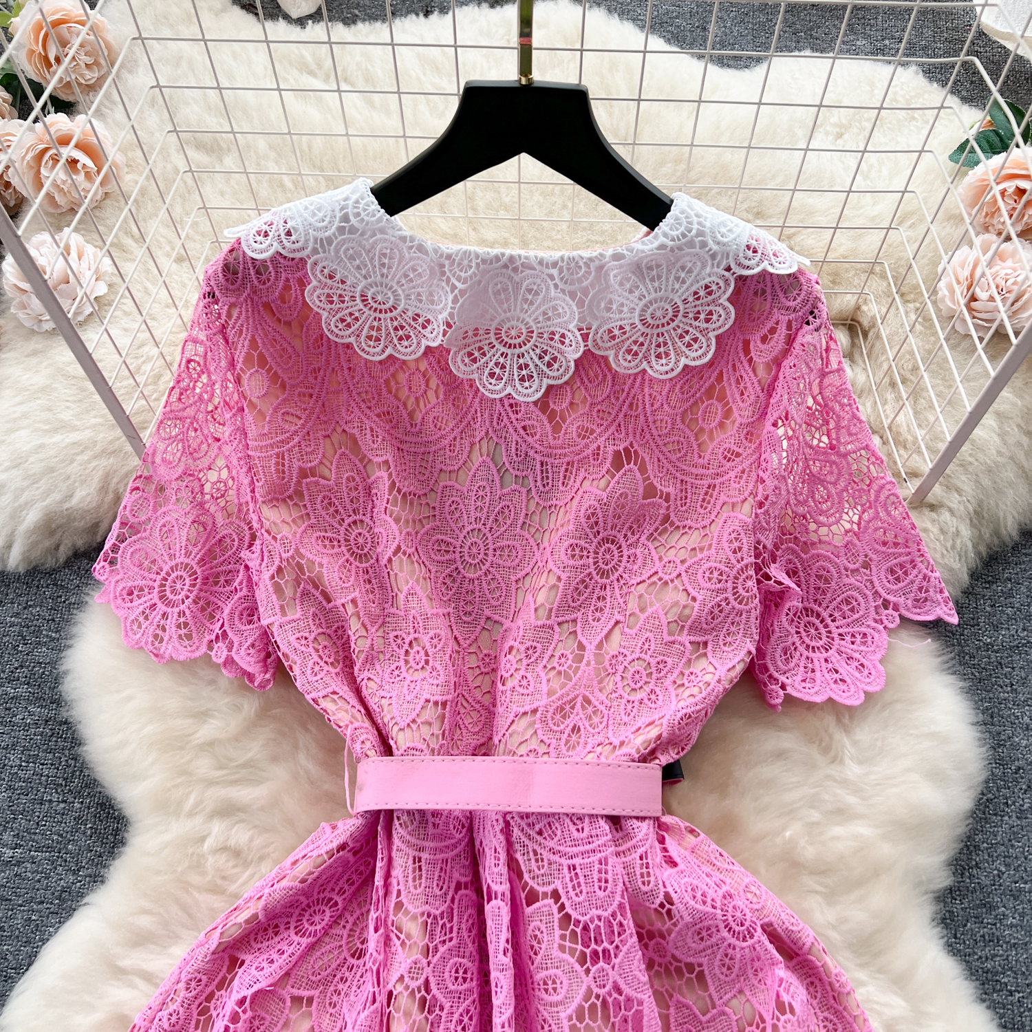 Spring Dress For Women 2023 French Fashion Doll Collar Short Sleeves Lace Crochet A-line Dress Women New Thin Party Clothes Elegant Vestidos De Fiesta