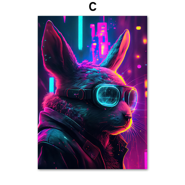 Toile Peinture Cyberpunk Chat Chien Lion Renard Néon Lumière Animaux Affiche Nordique Mur Art Imprimer Photos Pour Salon Bar Club Décor No Frame Wo6