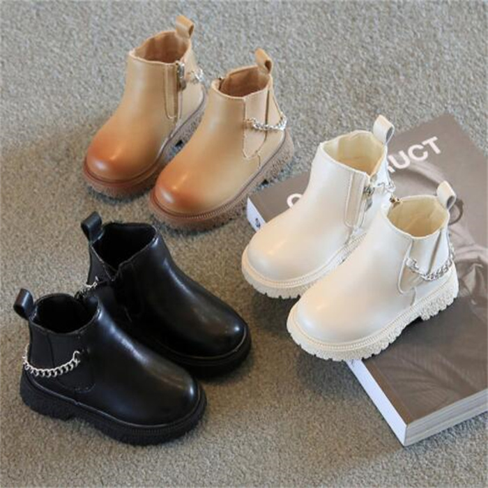 Fashion Kids Martin Boots Non-slip Side Zipper Boy Girl Ankle Boot Chain Decoration Snow Boot Autumn Winter Children Shoes