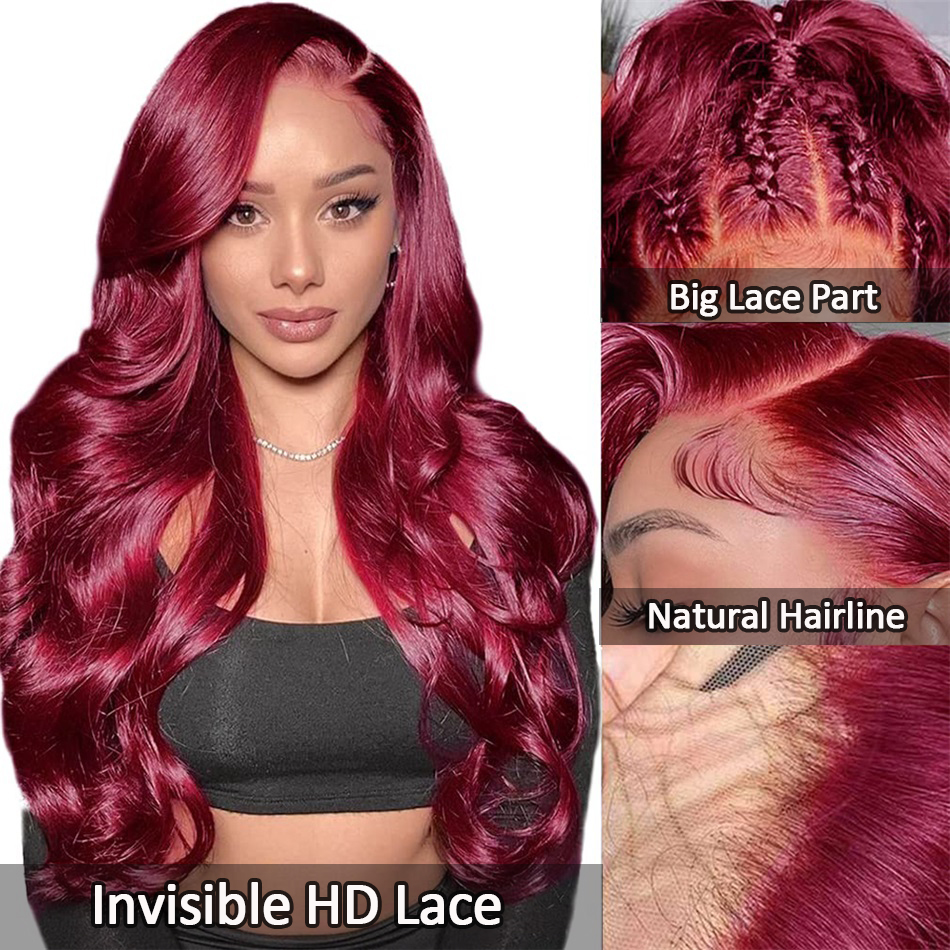 Burgund 99J 13x4 Body Wave Spitzenfront menschliches Haar Perücken brasilianische rote Remy -Perücken für Frauen Hd transparente Spitze Frontalperücke