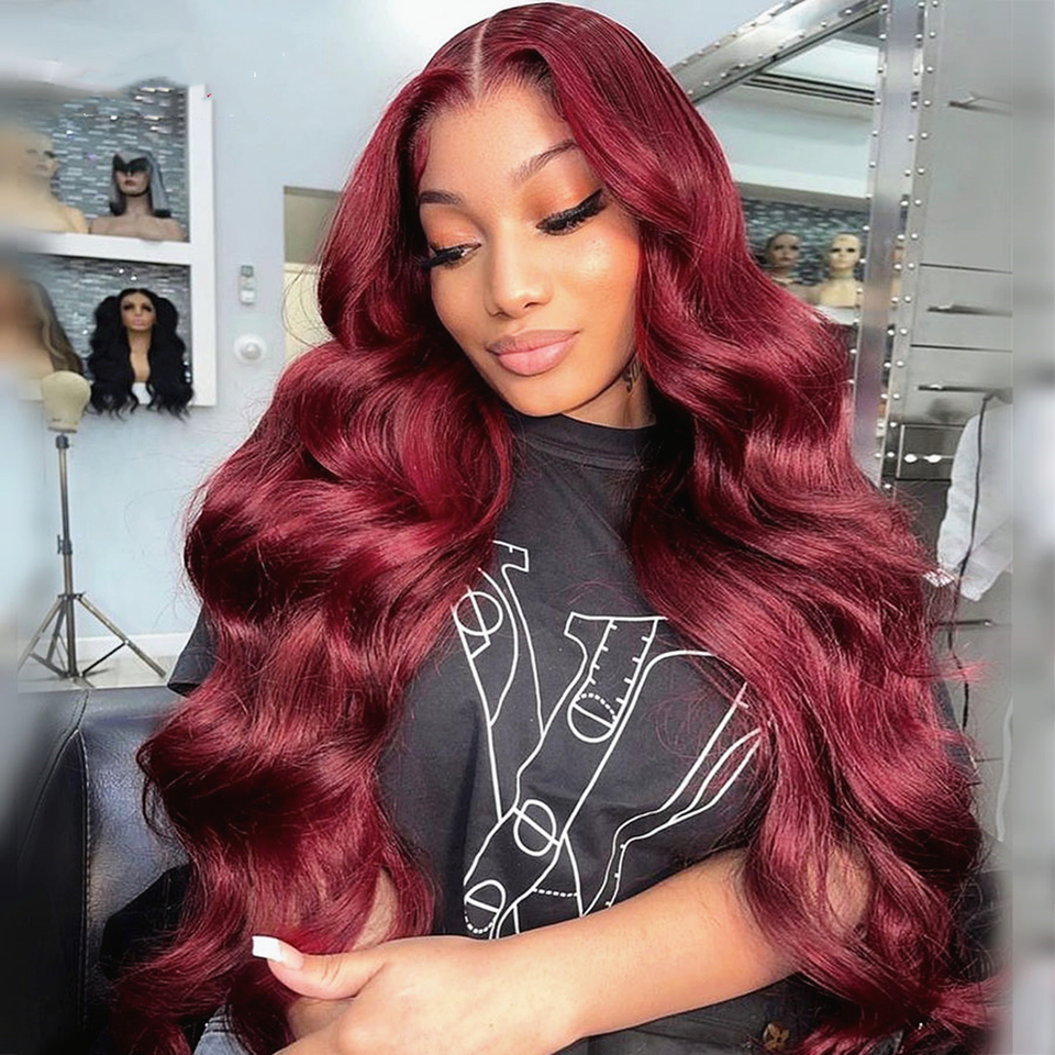 Borgogna 99J in pizzo rosso frontale parrucche capelli umani parrucche colorate body wig glueless 13x4 220%densità hd parrucca frontale in pizzo trasparente 30 36 pollici