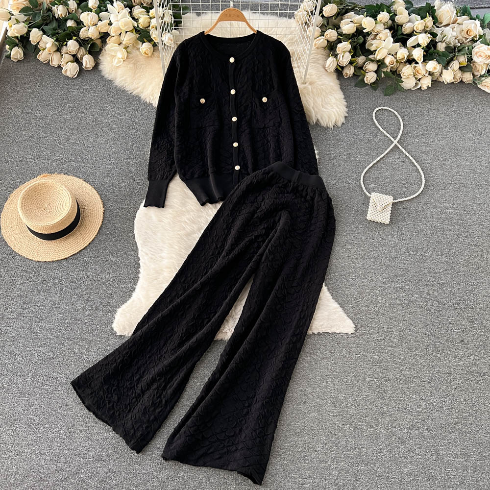 Women's Two Piece Pants Autumn Winter Autumn Winter Knitted Warm Suit Fashion Metal Single Breasted Cardigan Sweater Wide Leg Tracksuits Female Trouser Set 2023