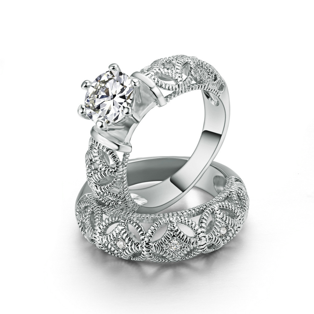 4 Karat durchbrochene Ring-Sets für Damen, Silber-Hochzeits-Set, runder Halo-Verlobungsring, weißer 5A-Diamantband, kubischer Zirkonia, Solitär-Jubiläums-Versprechensring