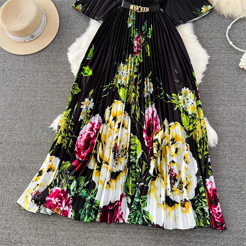 Abiti casual di base Spring Donne rotonde Abito a mezza manica con cintura Elegante Vestidos Black White Ladies Mid-Long Flower Stampes 2024